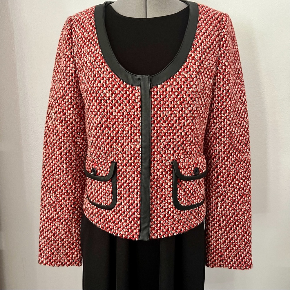 Hinge Red Tweed Faux Leather Trim Jacket